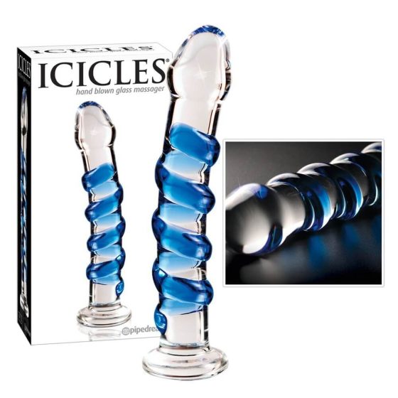 Pipedream Icicles No. 5 - skleněné spirálovité dildo (průsvitné-modré)
