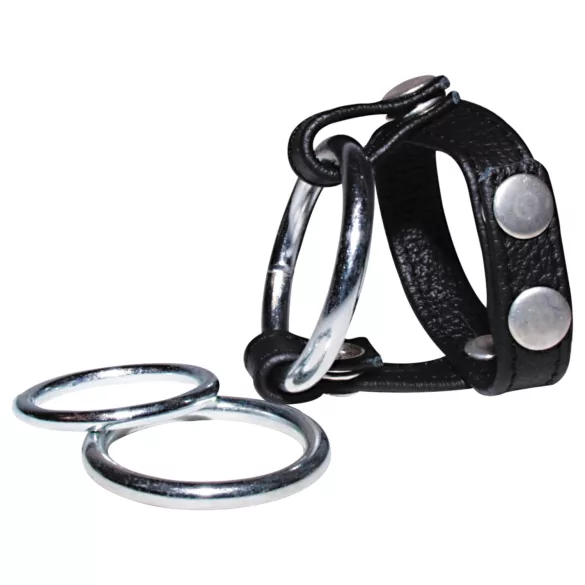 Bad Kitty - kožený erekční kroužek na penis a varlata - černý