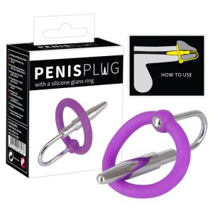 Penisplug - silikónový krúžok na žaľud so stimulátorom močovej trubice (fialovo-strieborný)