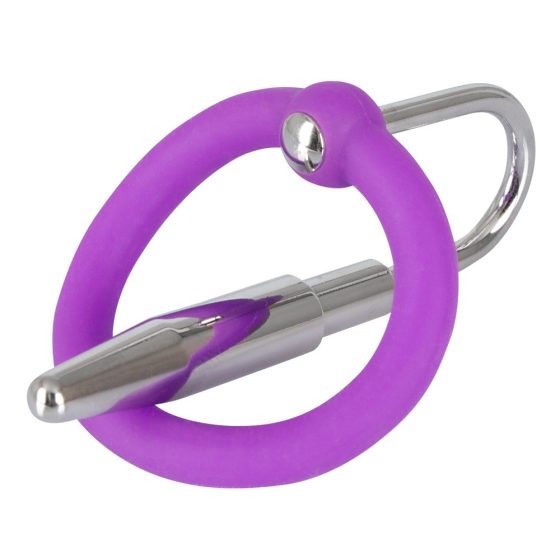 Penisplug - silikónový krúžok na žaľud so stimulátorom močovej trubice (fialovo-strieborný)
