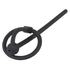   Penisplug - silikonový kroužek na varlata s dutým stimulátorem močové trubice (černý)