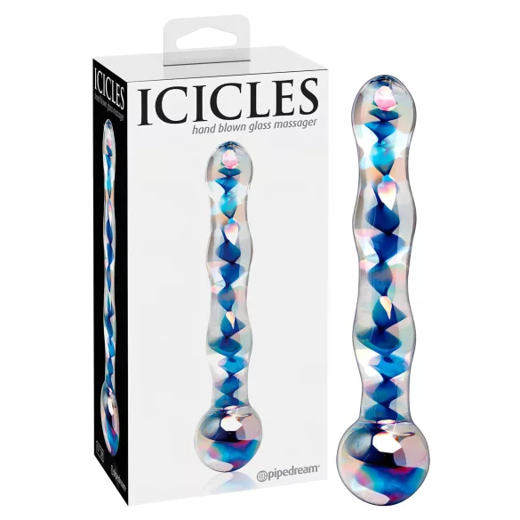 Icicles No. 08 - skleněné dildo - oboustranné, vlnité - čiré/modré