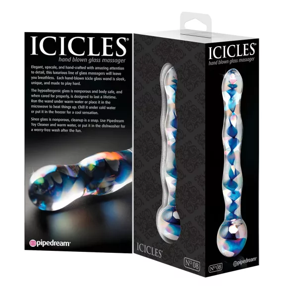 Icicles No. 08 - skleněné dildo - oboustranné, vlnité - čiré/modré