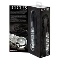   Icicles No. 38 - kožený šlehač, zvlněné skleněné dildo (průsvitně černé)