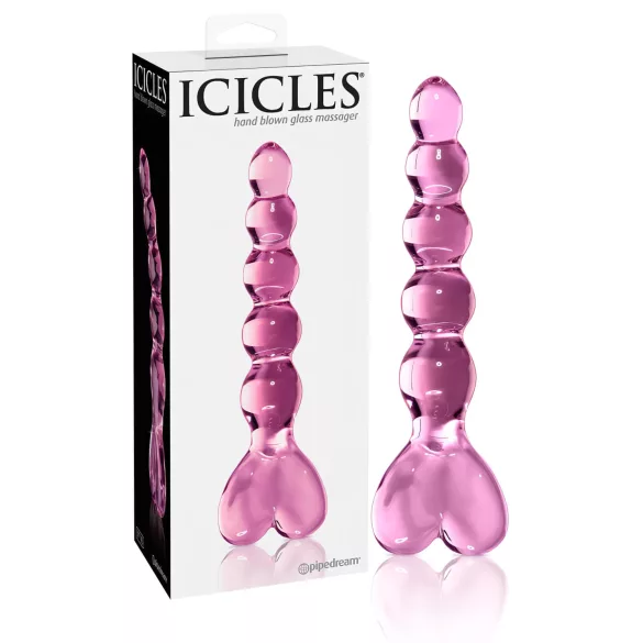Icicles No. 43 - skleněné dildo s korálky a srdcem - růžové
