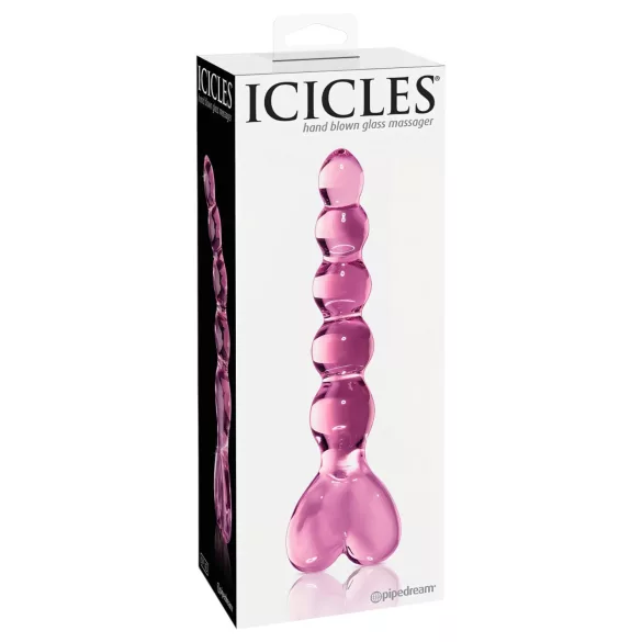 Icicles No. 43 - skleněné dildo s korálky a srdcem - růžové