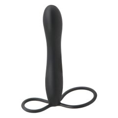   Fetish Double Trouble - kroužek na varlata a penis s análním dildem (černý)