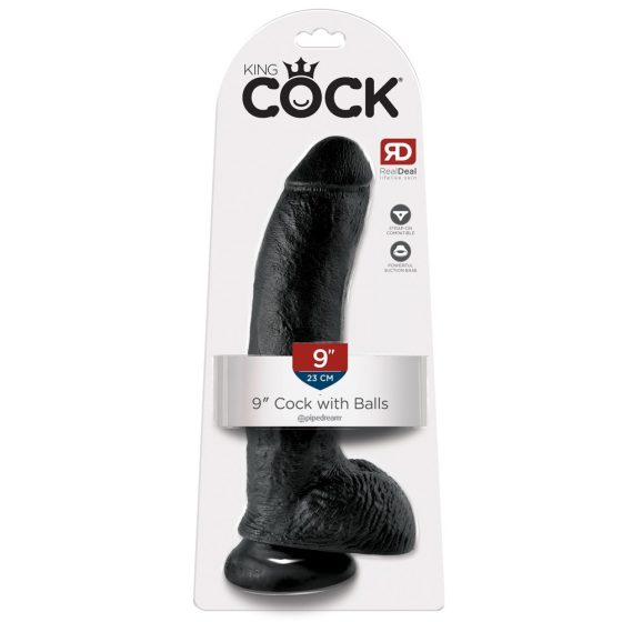 King Cock 9 - velké připínací, varlatové dildo (23 cm) - černé