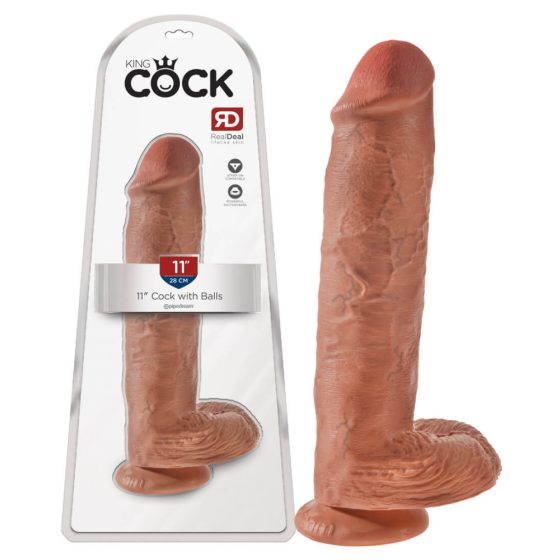 King Cock 11 - velké připínací, varlatové dildo (28 cm) - tmavě přírodní