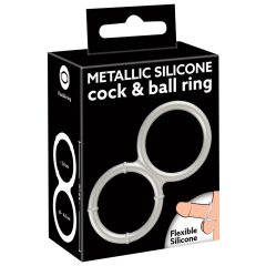   You2Toys - dvojitý silikonový kroužek na penis a varlata s kovovým efektem (stříbrný)