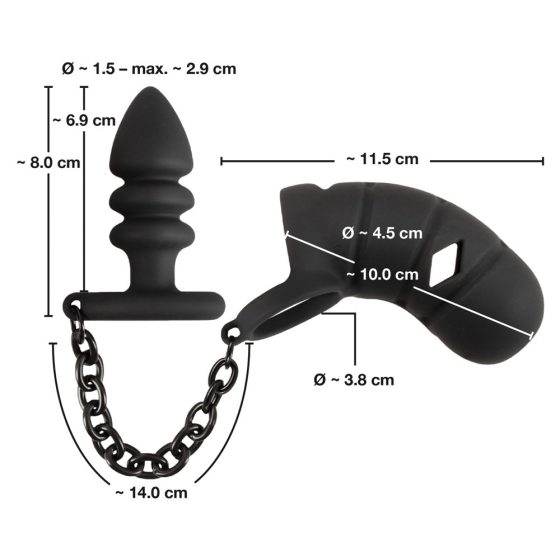 Black Velvet - silikonová klec na penis s análním dildem (černá)