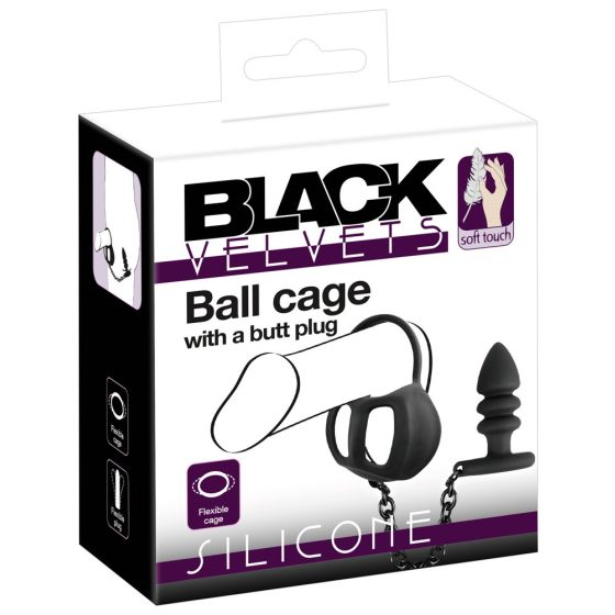 Black Velvet - silikonová klec na penis s análním dildem (černá)