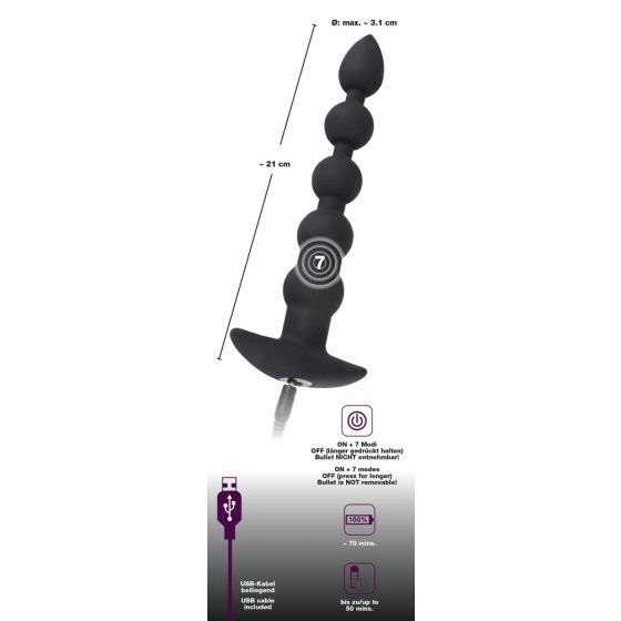 Black Velvets Rechargeable Beads - nabíjecí anální vibrátor s 5 kuličkami (černý)