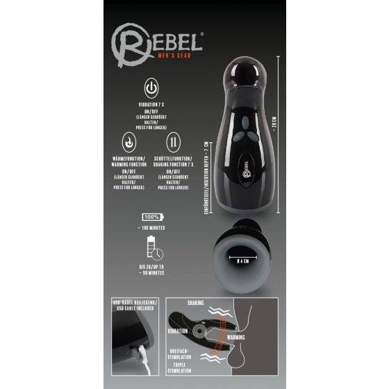 Rebel Masturbátor s 3 funkcemi - vibrační masturbátor s ohřevem (černý)