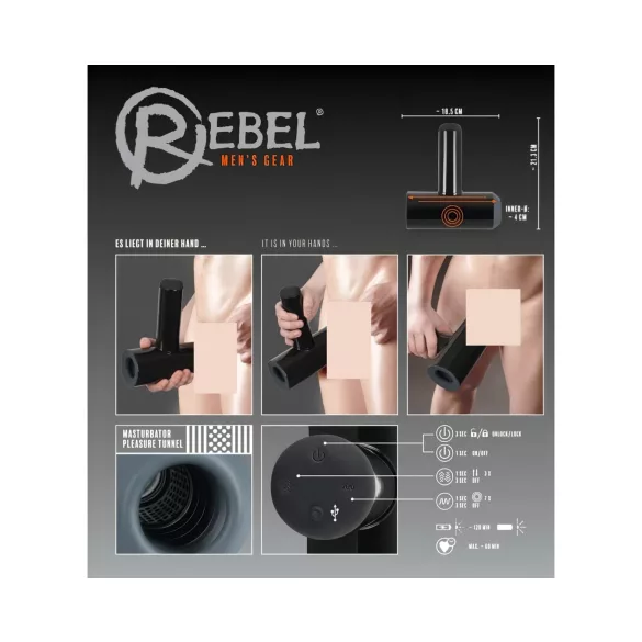 Rebel - masturbátor s vibrací a pohybem nahoru a dolů - akumulátor, černý