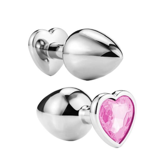 Sunfo - kovové anální dildo s kamenem ve tvaru srdce (stříbrno-růžové)