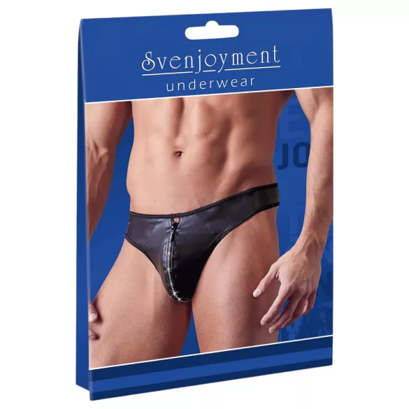 Svenjoyment - pánské lesklé tanga s kamínky a zipem - černé - XL
