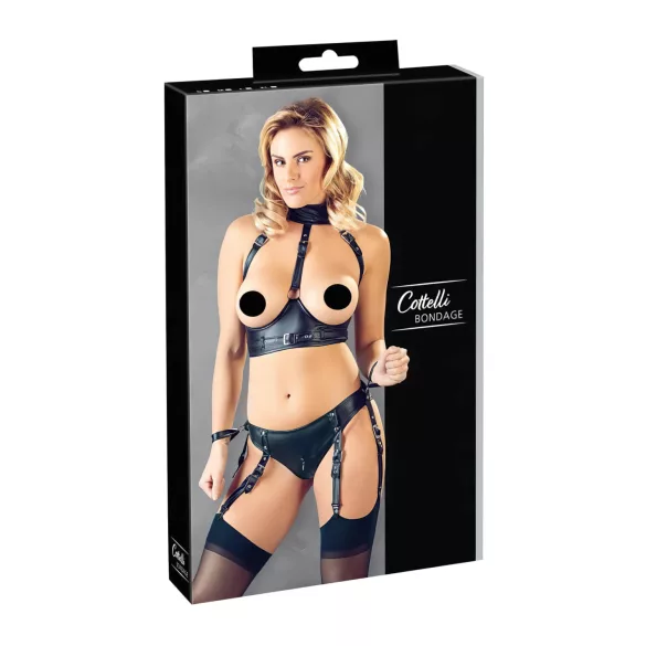 Cottelli Bondage - lesklá podprsenková souprava s pouty - černá - L