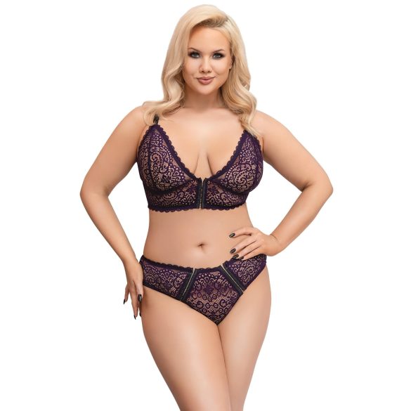 Cottelli Plus Size - průsvitný vzorovaný set podprsenky (fialový)