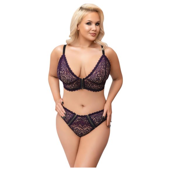 Cottelli Plus Size - průsvitný vzorovaný set podprsenky (fialový)