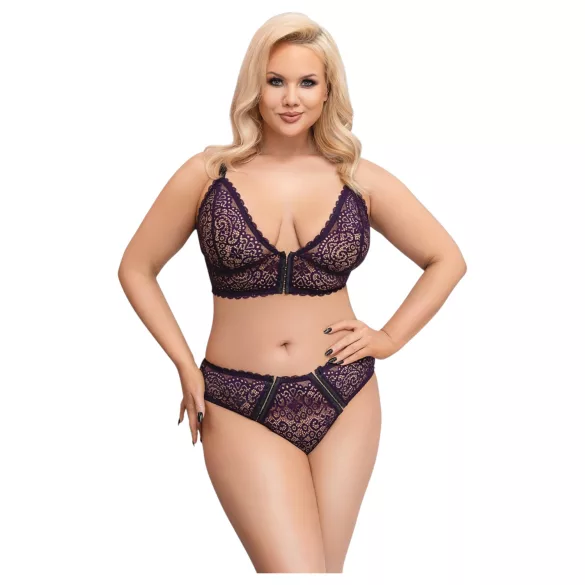 Cottelli Plus Size - průsvitný vzorovaný set podprsenky (fialový) - 2XL