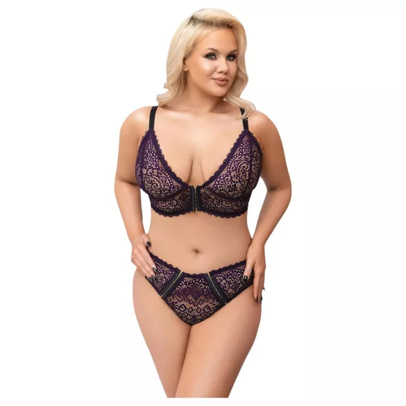 Cottelli Plus Size - průsvitný vzorovaný set podprsenky (fialový) - 2XL