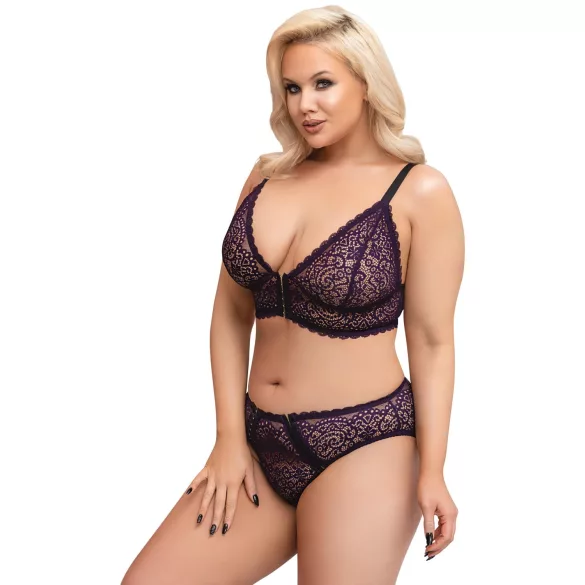 Cottelli Plus Size - průsvitný vzorovaný set podprsenky (fialový) - 2XL
