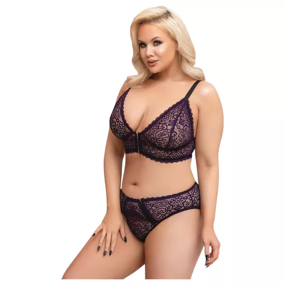 Cottelli Plus Size - průsvitný vzorovaný set podprsenky (fialový) - 2XL