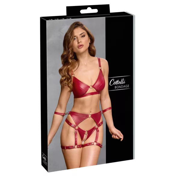 Cottelli Bondage - lesklý set podprsenky a pouta (červená) - L