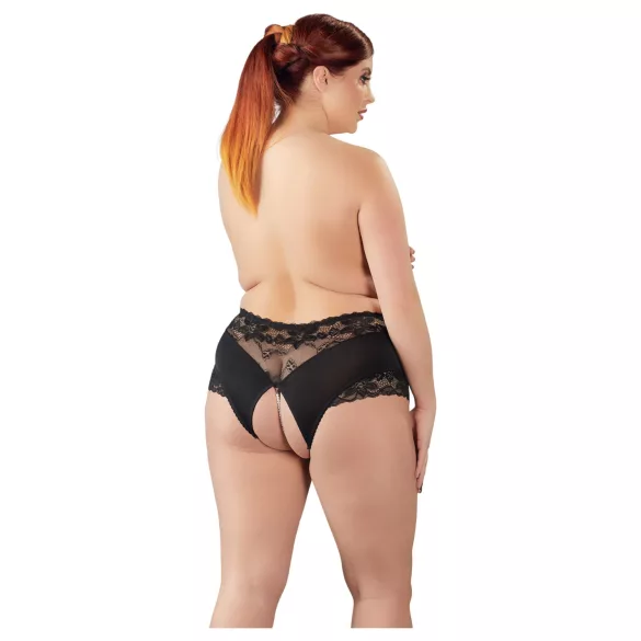 Cottelli Plus Size - otevřené kalhotky s krajkou a perlami - černé