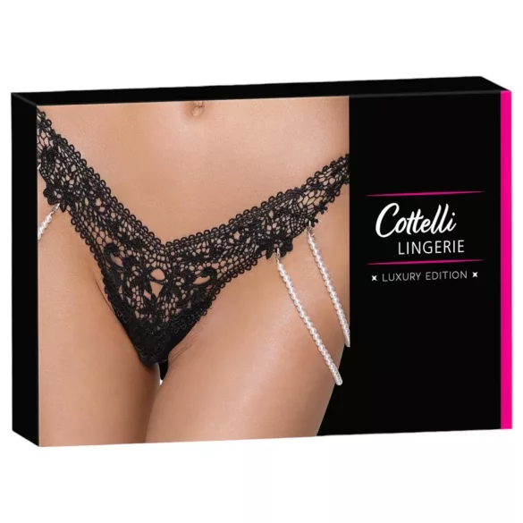 Cottelli - luxusní, vyšívané perlové tanga (černé)