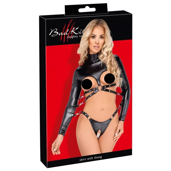 Bad Kitty - bondage set s otevřenými ňadry (černá) - L