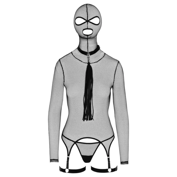 Bad Kitty - BDSM sada - průhledná síťovina s bičíkem - černá - L