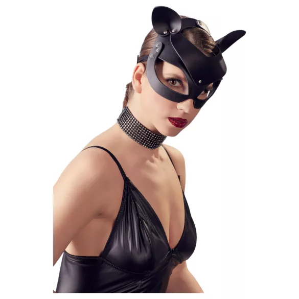 Bad Kitty - kožená kočičí maska se štrasem - černá S-L