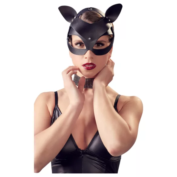 Bad Kitty - kožená kočičí maska se štrasem - černá S-L