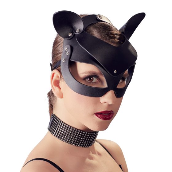 Bad Kitty - koženková kočičí maska s kamínky - černá (S-L)