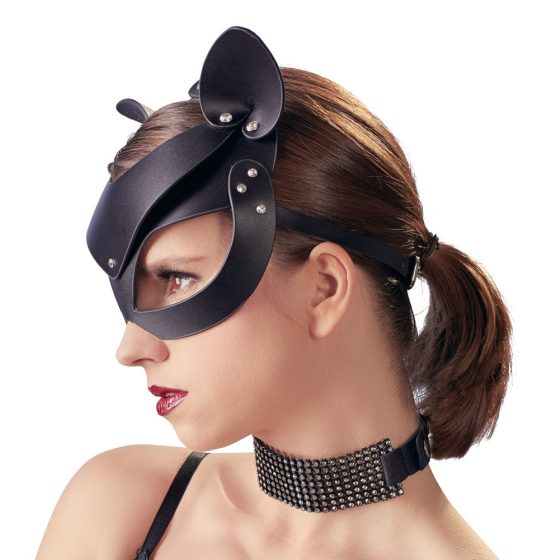 Bad Kitty - koženková kočičí maska s kamínky - černá (S-L)