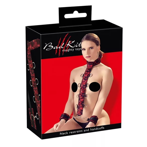 Bad Kitty - bondage sada pouta na krk a ruce - červená/černá