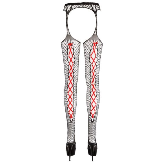 Cottelli - černý podvazkový pás a podvazky se síťovanými punčochami (s červeným šněrováním) - L/XL