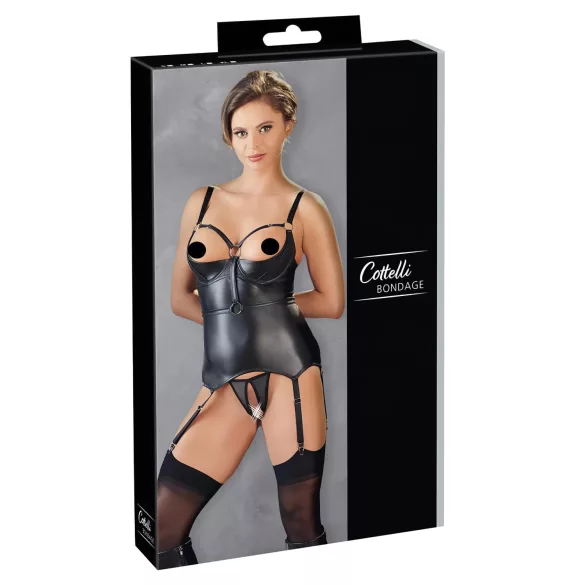 Cottelli Bondage - lesklý top s podpůrnou podprsenkou a pouty (černý) - XL