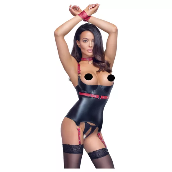Cottelli Bondage - lesklý podprsenkový top s obojkem - černý - XL