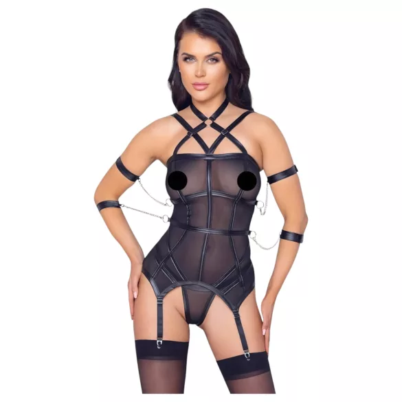 Cottelli Bondage - top s popruhy, pouta na ruce a tanga (černá)