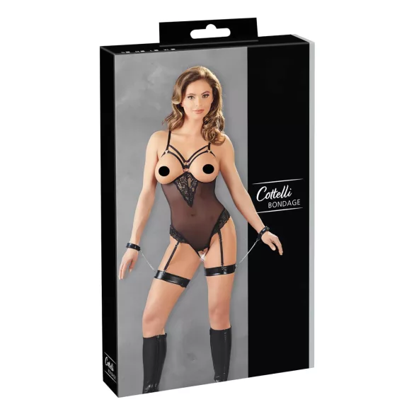 Cottelli Bondage - body s kovovými kroužky a pouty na ruce - černé