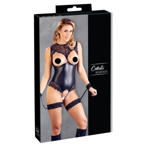 Cottelli Bondage - krajkové a lesklé otevřené tělo s pouty (černé) - XL