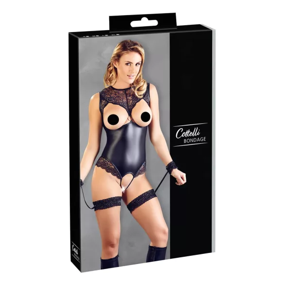 Cottelli Bondage - otevřený lesklý body a pouta na ruce - černý - XL
