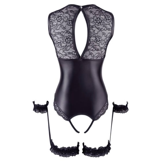 Cottelli Bondage - krajkové a lesklé otevřené tělo s pouty (černé) - XL