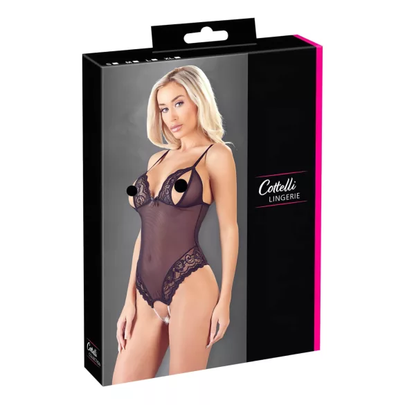 Cottelli - otevřené body s krajkou a perlami - černé - L