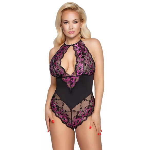 Cottelli Plus Size - krajkové body s květinovým vzorem - černá/fialová - 3XL