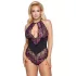 Cottelli Plus Size - krajkové body s květinovým vzorem - černá/fialová - 3XL