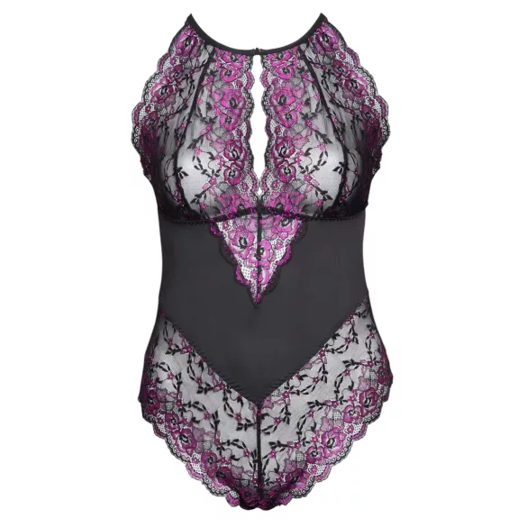 Cottelli Plus Size - krajkové body s květinovým vzorem - černá/fialová - 3XL